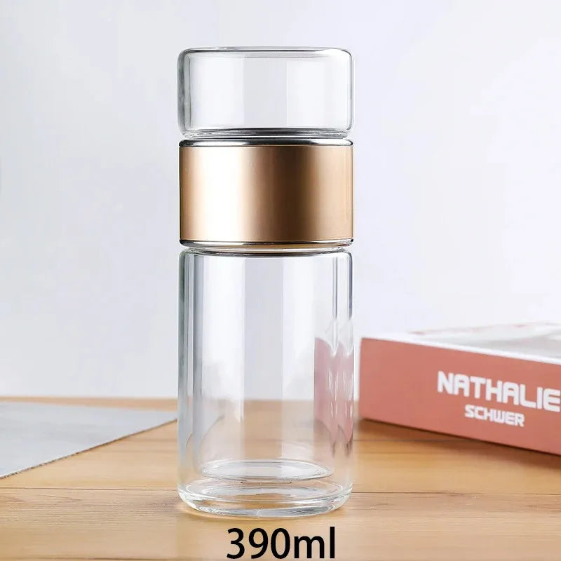 Botella de agua de té de 420ML, vaso de agua de doble capa de vidrio de borosilicato alto