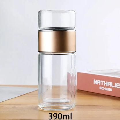 Botella de agua de té de 420ML, vaso de agua de doble capa de vidrio de borosilicato alto
