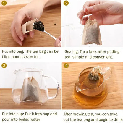 100 piezas de bolsas de té desechables de papel biodegradable con sello de cuerda