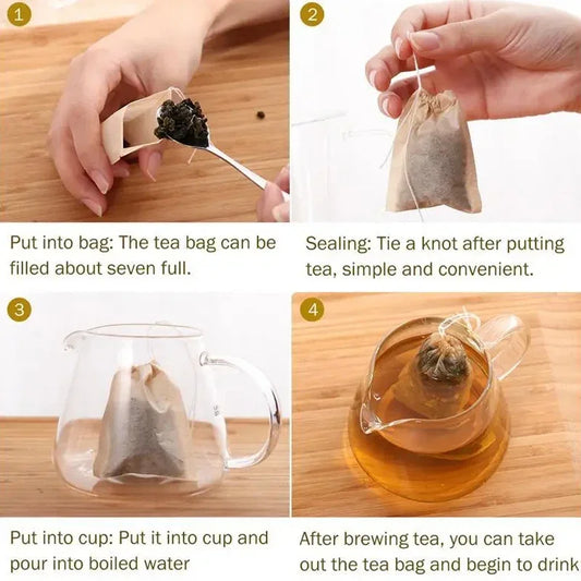 100 piezas de bolsas de té desechables de papel biodegradable con sello de cuerda