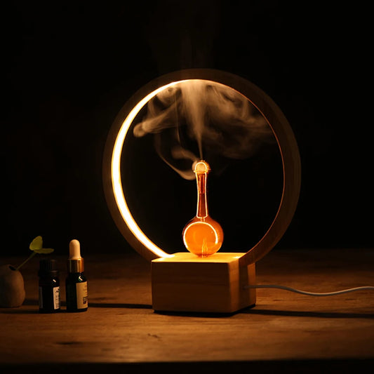 Difusor de aceites esenciales con base de madera y difusor de aroma nebulizante de vidrio con luz LED cálida