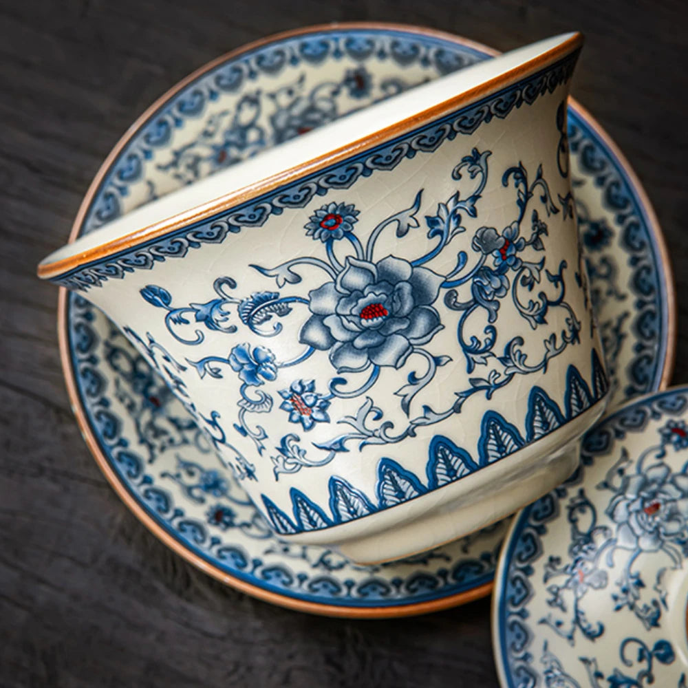 Juego de tazas y tetera de cerámica de lujo floral