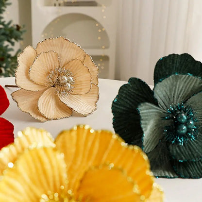 Grandes flores navideñas artificiales brillantes Adorno de árbol de Navidad