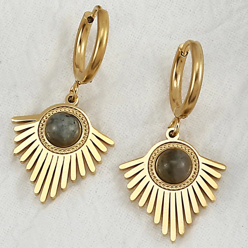 Natural stone earrings with Bohemian triangle inlays, exquisite stainless steel dangle earring