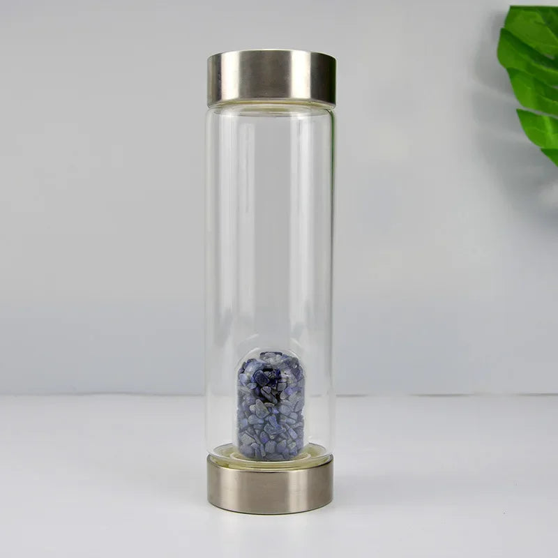 Botella de agua de acero inoxidable con piedra preciosa, tallada a mano