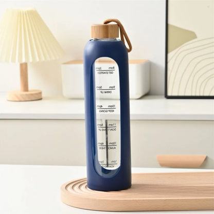 Botellas de agua de vidrio con marcado en tiempo, 32oz, 1L, tapa de bambú sin plomo, botella con funda de silicona