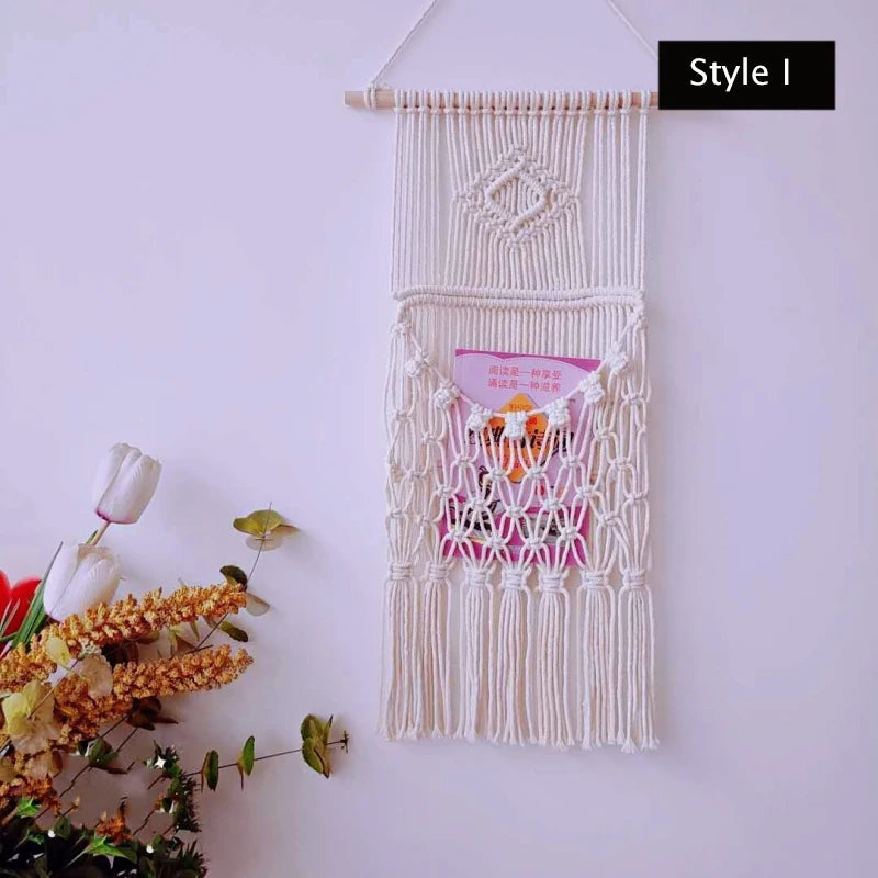 Tapiz colgante de pared con bolsillo tejido a mano, Artesanía bohemia