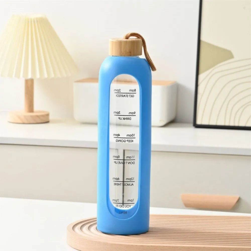 Botellas de agua de vidrio con marcado en tiempo, 32oz, 1L, tapa de bambú sin plomo, botella con funda de silicona