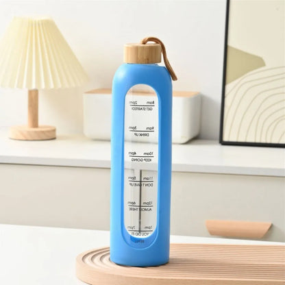 Botellas de agua de vidrio con marcado en tiempo, 32oz, 1L, tapa de bambú sin plomo, botella con funda de silicona