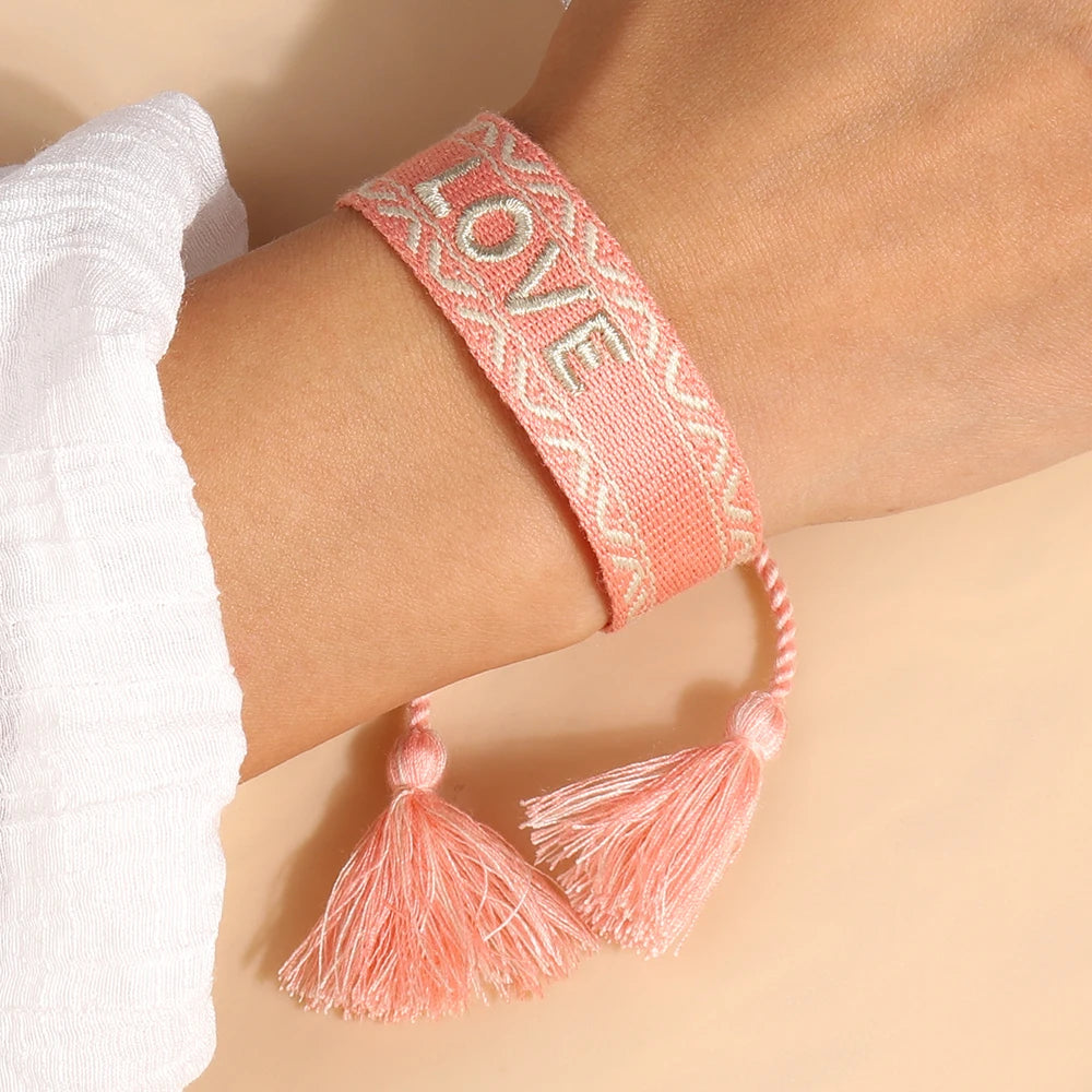 Letras de bordado de Bohemia Pulsera de borla tejida trenzada ajustable hecha a mano moda retro