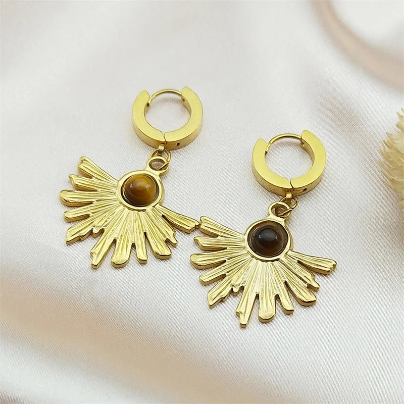Pendientes de aro de flores de Bohemia para mujer, color dorado, acero inoxidable