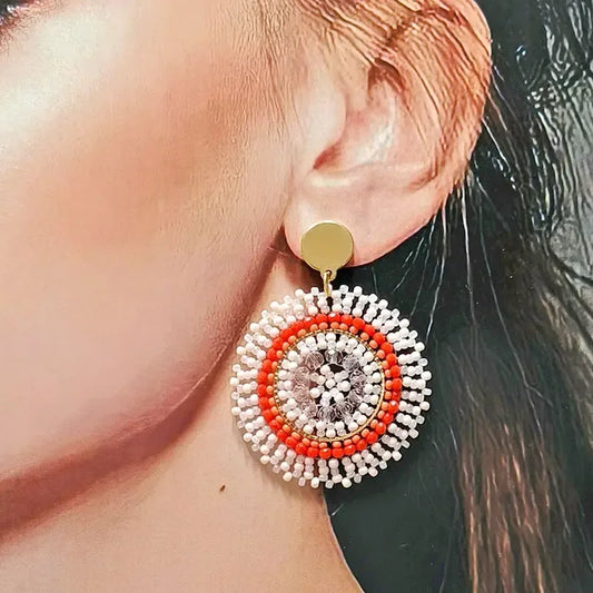 Bohemian alloy rice bead earrings, simple hand-woven crystal