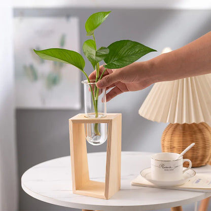 Wooden vase with a container of green ivy grown with water
