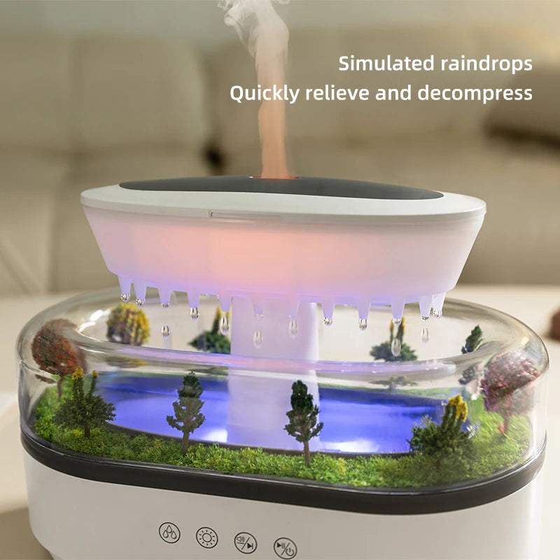 Humidificador de aire de lluvia Luz colorida Ruido blanco Difusor de aceites esenciales, ultrasónico