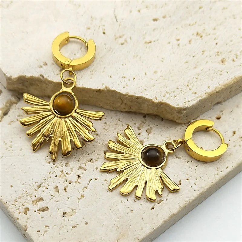 Pendientes de aro de flores de Bohemia para mujer, color dorado, acero inoxidable