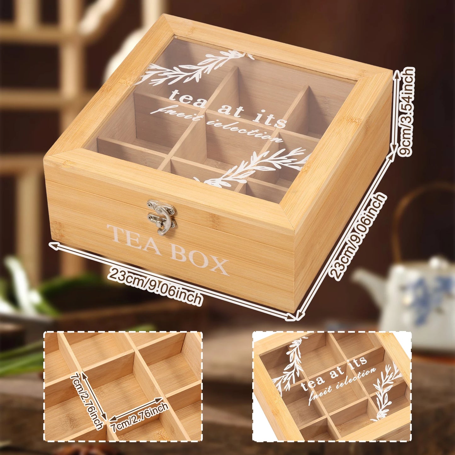 Caja de bambú Organizador de bolsas de té de 9 compartimentos con tapa abatible transparente