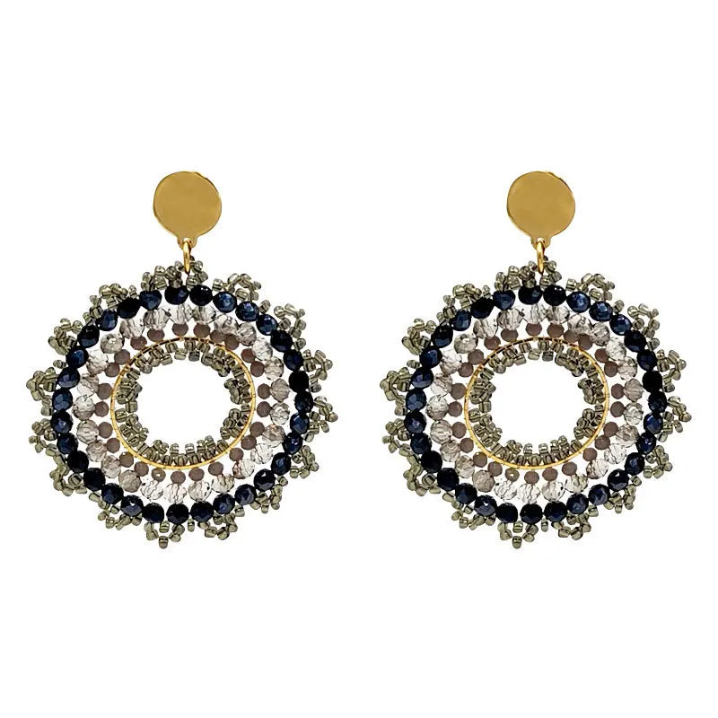 Pendientes de cuentas de arroz retro de moda bohemia con cristal ahuecado tejido a mano