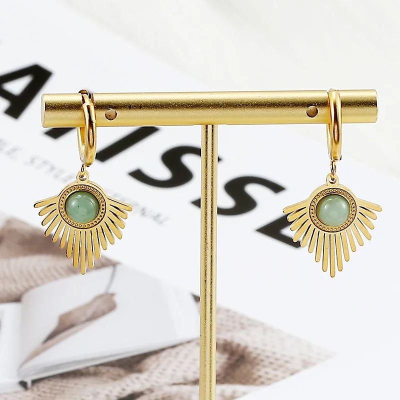 Natural stone earrings with Bohemian triangle inlays, exquisite stainless steel dangle earring