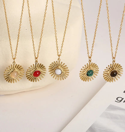 Collares colgantes de girasol de piedra natural de Bohemia y cadena de acero inoxidable