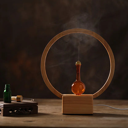 Difusor de aceites esenciales con base de madera y difusor de aroma nebulizante de vidrio con luz LED cálida