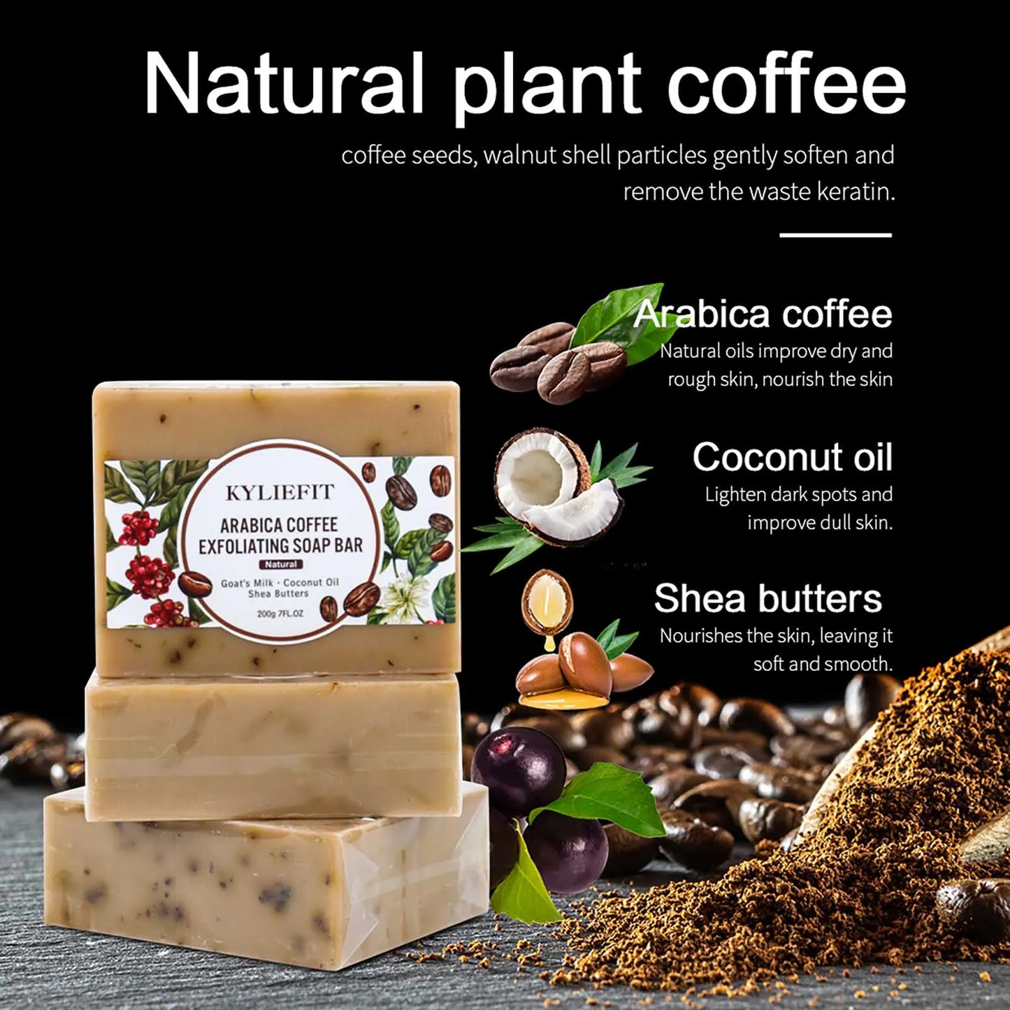Jabón exfoliante de café Arábica, reduce las manchas oscuras, enriquecido con aceite de coco, manteca de karité, 200 g/7 oz