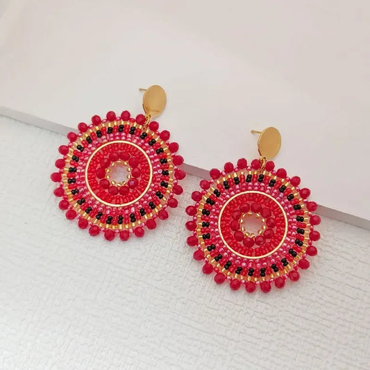 Bohemian alloy rice bead earrings, simple hand-woven crystal