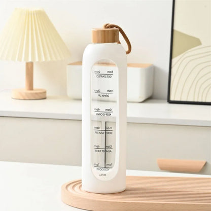Botellas de agua de vidrio con marcado en tiempo, 32oz, 1L, tapa de bambú sin plomo, botella con funda de silicona