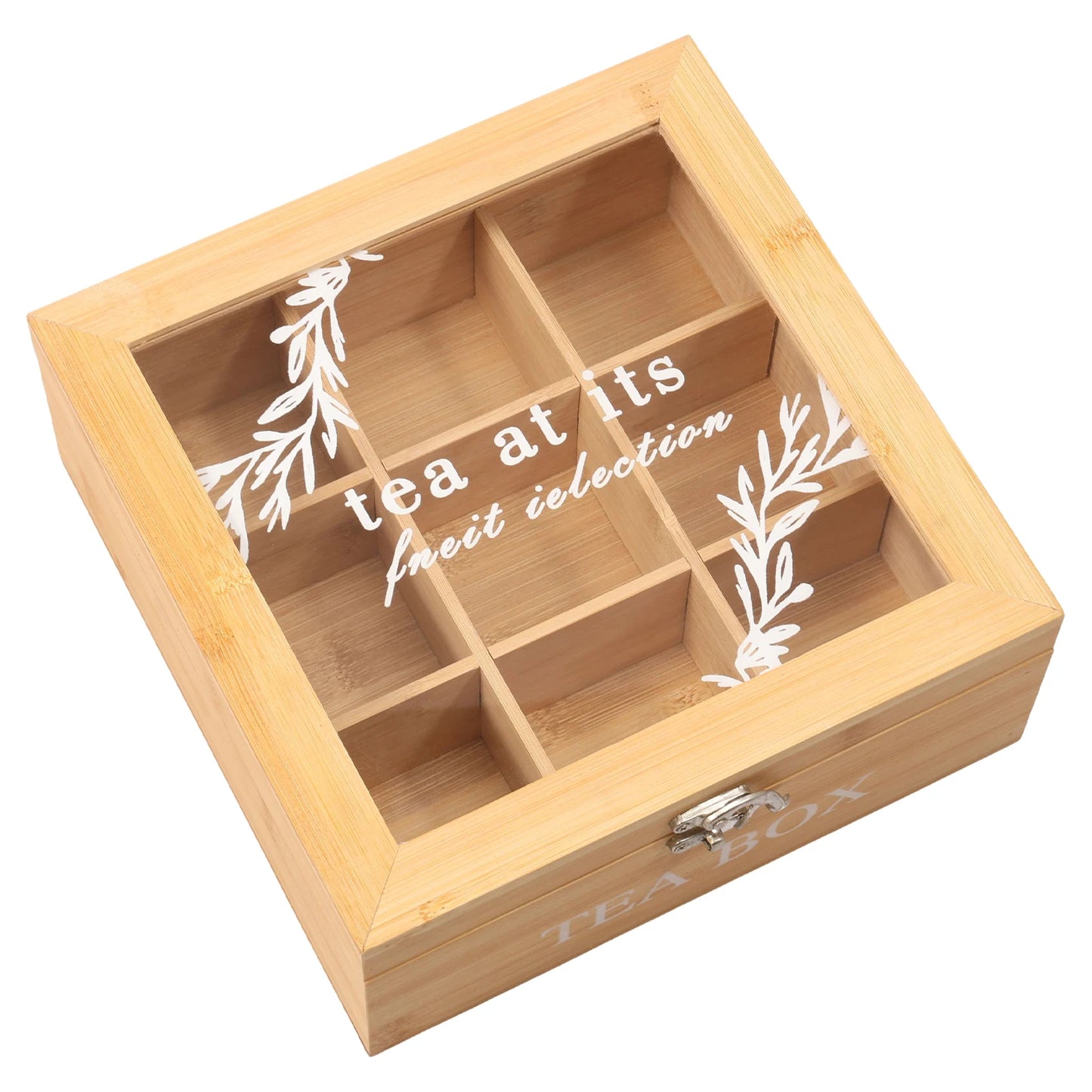 Caja de bambú Organizador de bolsas de té de 9 compartimentos con tapa abatible transparente