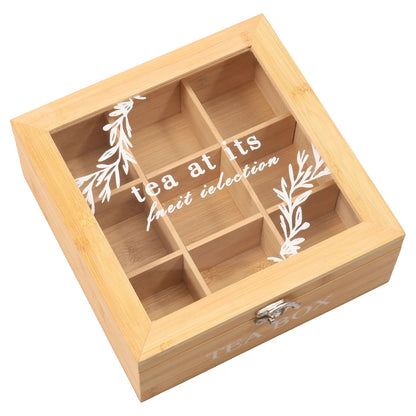 Caja de bambú Organizador de bolsas de té de 9 compartimentos con tapa abatible transparente