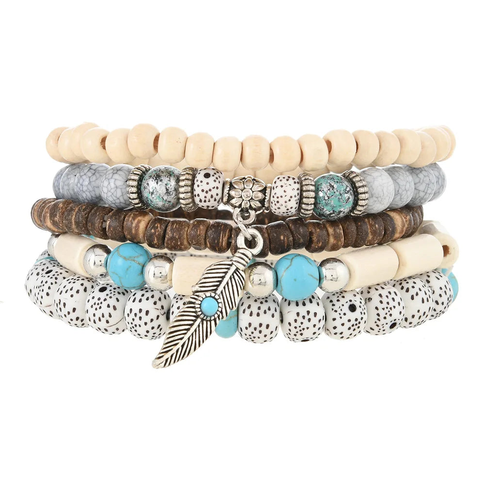 Pulseras de cuentas de turquesa de Bohemia,cuentas manchadas, hojas vintage, piedra natural y cuentas de madera