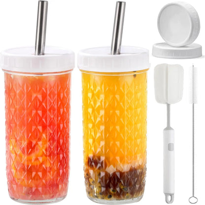 Paquete de 2 vasos de vidrio de 24oz con tapas y pajitas, tazas de té reutilizables