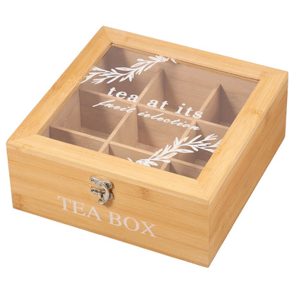 Caja de bambú Organizador de bolsas de té de 9 compartimentos con tapa abatible transparente
