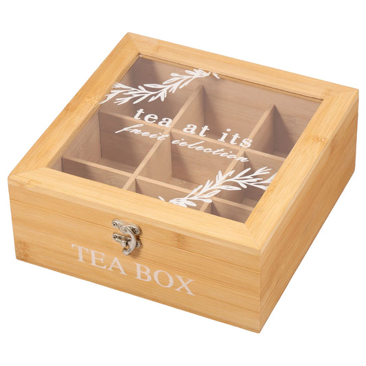 Caja de bambú Organizador de bolsas de té de 9 compartimentos con tapa abatible transparente