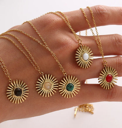 Collares colgantes de girasol de piedra natural de Bohemia y cadena de acero inoxidable