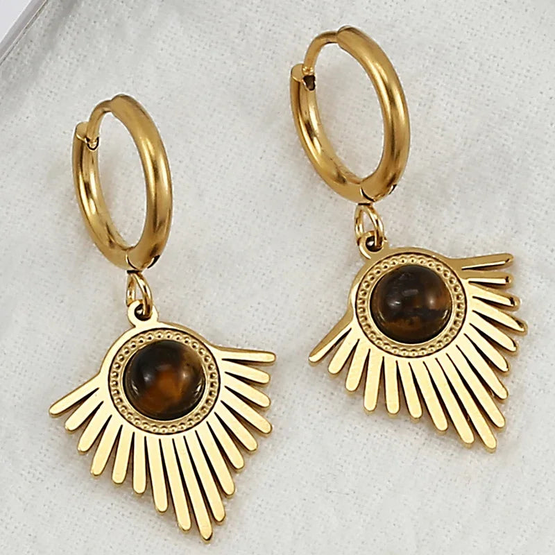 Natural stone earrings with Bohemian triangle inlays, exquisite stainless steel dangle earring