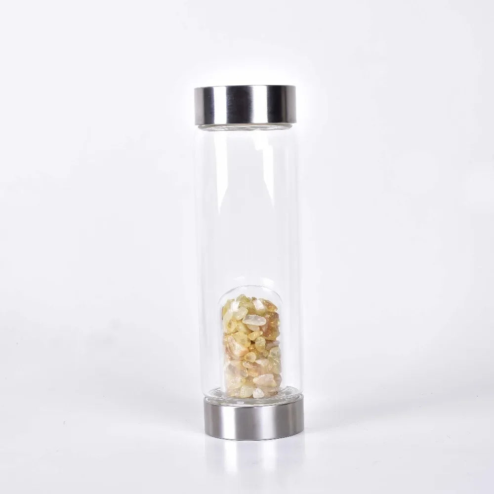 Botella de agua de acero inoxidable con piedra preciosa, tallada a mano