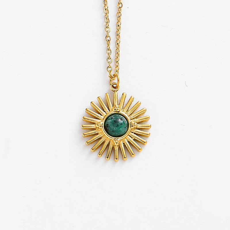 Collares colgantes de girasol de piedra natural de Bohemia y cadena de acero inoxidable