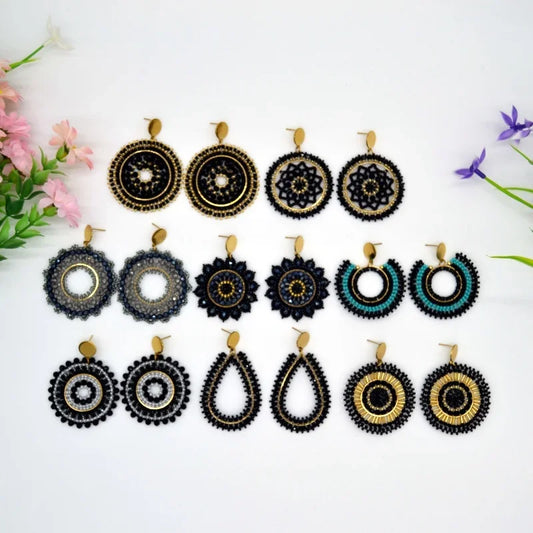 Bohemian fashion retro rice bead earrings with hand-woven hollowed crystal 