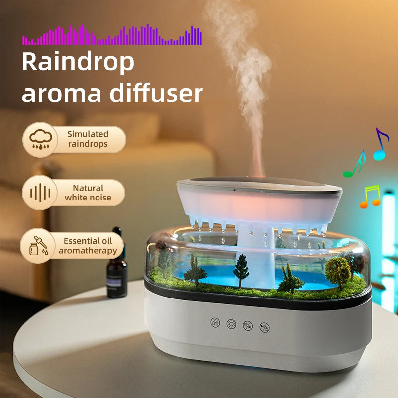 Humidificador de aire de lluvia Luz colorida Ruido blanco Difusor de aceites esenciales, ultrasónico