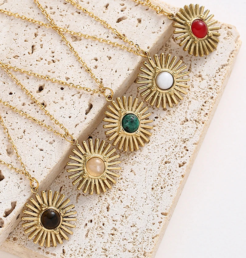 Collares colgantes de girasol de piedra natural de Bohemia y cadena de acero inoxidable