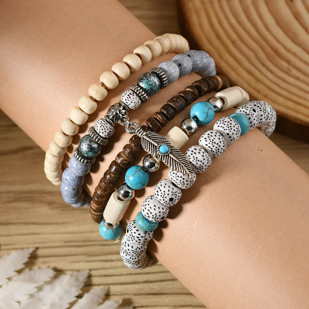 Pulseras de cuentas de turquesa de Bohemia,cuentas manchadas, hojas vintage, piedra natural y cuentas de madera
