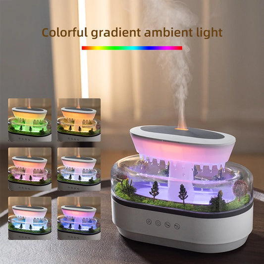 Humidificador de aire de lluvia Luz colorida Ruido blanco Difusor de aceites esenciales, ultrasónico