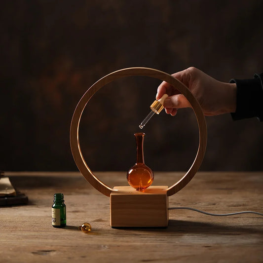 Difusor de aceites esenciales con base de madera y difusor de aroma nebulizante de vidrio con luz LED cálida