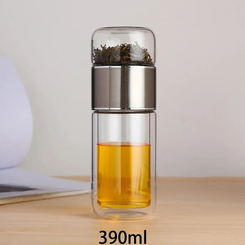 Botella de agua de té de 420ML, vaso de agua de doble capa de vidrio de borosilicato alto