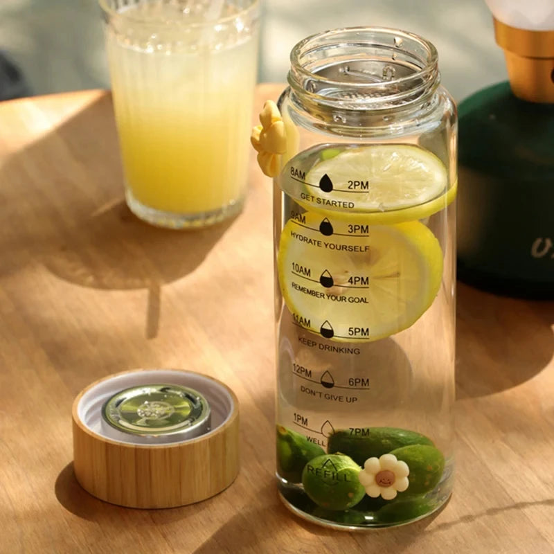 Botella de agua de vidrio de 700ML con escala de tiempo y taza de vidrio con filtro de té de acero inoxidable