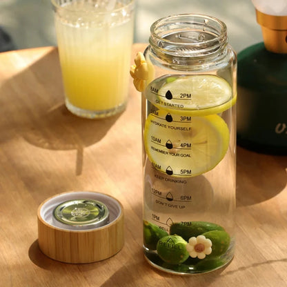 Botella de agua de vidrio de 700ML con escala de tiempo y taza de vidrio con filtro de té de acero inoxidable