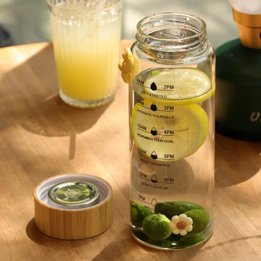 Botella de agua de vidrio de 700ML con escala de tiempo y taza de vidrio con filtro de té de acero inoxidable