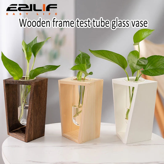 Jarrón de madera con contenedor de hiedra verde cultivada con agua