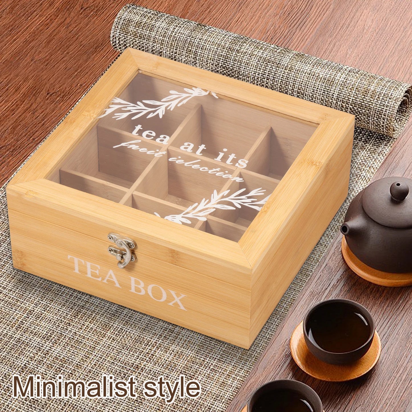 Caja de bambú Organizador de bolsas de té de 9 compartimentos con tapa abatible transparente