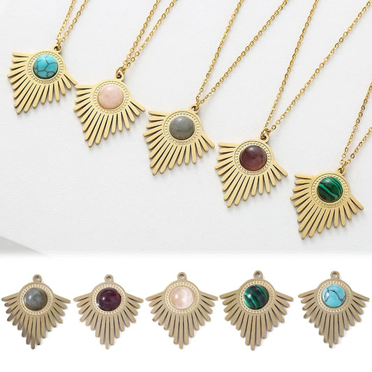 Bohemian Geometric Triangular Natural Stone Pendant Necklace in Stainless Steel 